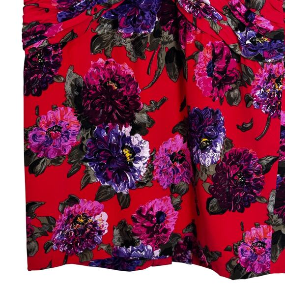 Liancarlo Ruched Cocktail Dress Womens 10 Red Floral Silk Puff Sleeve Elegant - Picture 11 of 16